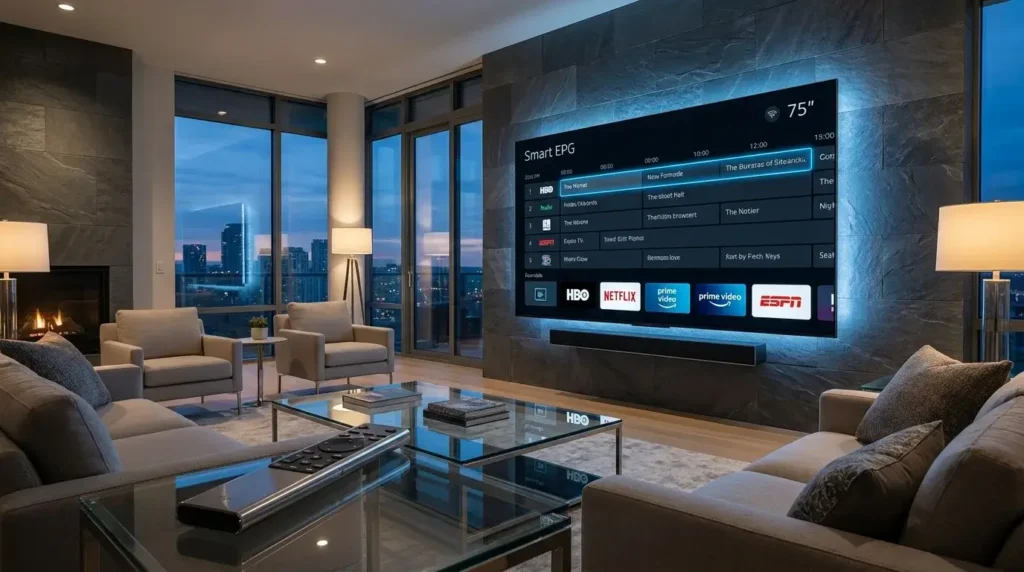 A modern 4K Smart TV in a living room displaying a premium TiviMate streaming interface