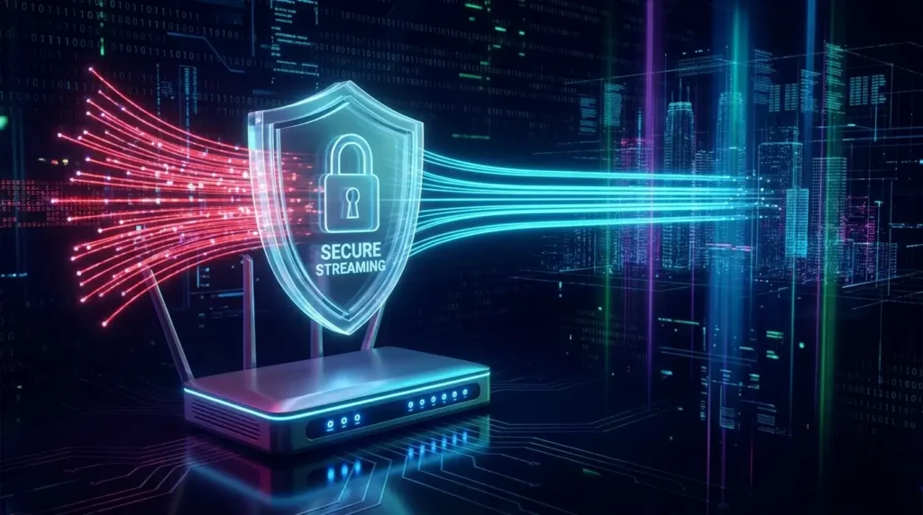 A digital visualization of a secure VPN connection protecting an IPTV streaming data feed