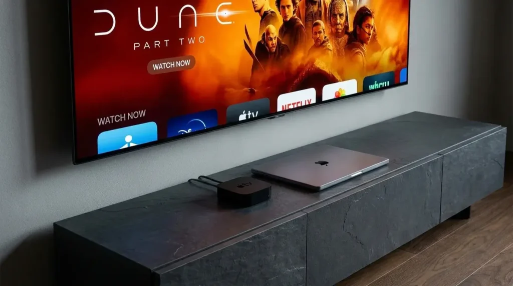 Premium IPTV subscription service streaming flawlessly on an Apple TV 4K in a modern living room